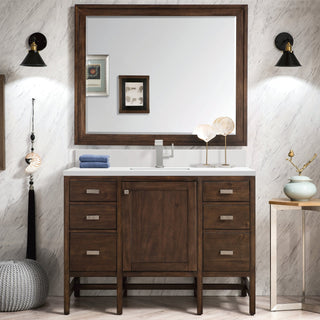 James Martin VanitiesAddison 48" Single Vanity, Mid - Century Acacia w/ Single Hole 3 CM White Zeus Quartz Top & BacksplashE444 - V48 - MCA - 1WZAloha Habitat