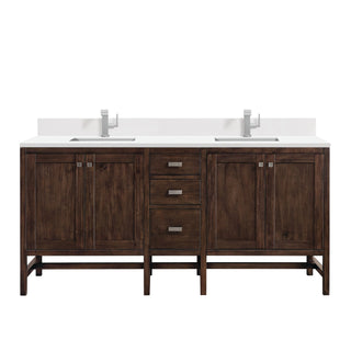 James Martin VanitiesAddison 72" Double Vanity, Mid - Century Acacia w/ Single Hole 3 CM White Zeus Quartz Top & BacksplashE444 - V72 - MCA - 1WZAloha Habitat