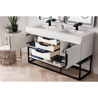 Columbia 59" Double Vanity, Glossy White, Matte Black w/ Glossy White Composite Stone Top