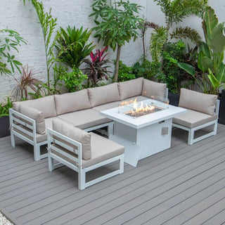 LeisureModLeisureMod | Chelsea 7-Piece Patio Sectional And Fire Pit Table White Aluminum With Cushions | CSFW-7CSFW-7BGAloha Habitat