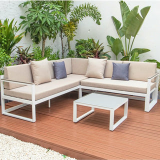 LeisureModLeisureMod | Chelsea White Sectional With Adjustable Headrest & Coffee Table With Two Tone Cushions | CSLW-80-TCSLW-80BG-BUAloha Habitat