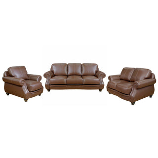 Sunset TradingCharleston 3 Piece Top Grain Leather Living Room Set | Chestnut Brown Rolled Arm Sofa Loveseat and Chair with NailheadsSU-CR2130-86-LF3PAloha Habitat