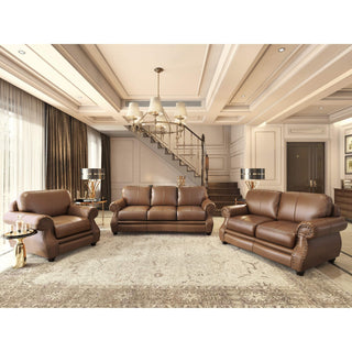 Sunset TradingCharleston 3 Piece Top Grain Leather Living Room Set | Chestnut Brown Rolled Arm Sofa Loveseat and Chair with NailheadsSU-CR2130-86-LF3PAloha Habitat