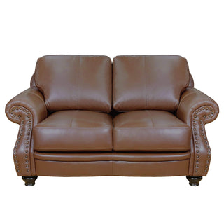 Sunset TradingCharleston 3 Piece Top Grain Leather Living Room Set | Chestnut Brown Rolled Arm Sofa Loveseat and Chair with NailheadsSU-CR2130-86-LF3PAloha Habitat