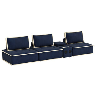 Sunset TradingPixie 4 Piece Sofa Sectional | Modular Couch | Bluetooth Speaker Console Outlets USB Storage Cupholders | Navy Blue and Cream FabricSU-UPX1671135-3A-MNWAloha Habitat