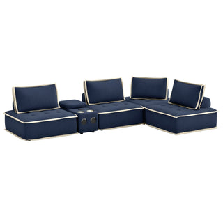 Sunset TradingPixie 5 Piece Sofa Sectional | L Shaped Modular Couch | Bluetooth Speaker Console Outlets USB Storage Cupholders | Navy Blue and Cream FabricSU-UPX1671135-4A-MNWLAloha Habitat