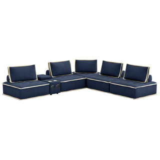 Sunset TradingPixie 6 Piece Sofa Sectional | Modular Couch | Bluetooth Speaker Console Outlets USB Storage Cupholders | Navy Blue and Cream FabricSU-UPX1671135-5A-MNWAloha Habitat