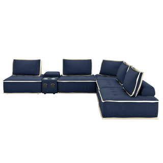 Sunset TradingPixie 6 Piece Sofa Sectional | Modular Couch | Bluetooth Speaker Console Outlets USB Storage Cupholders | Navy Blue and Cream FabricSU-UPX1671135-5A-MNWAloha Habitat