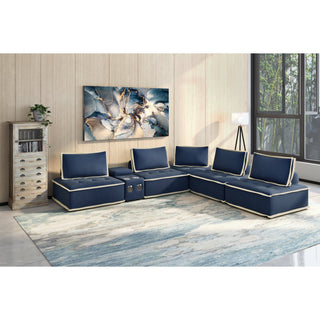 Sunset TradingPixie 6 Piece Sofa Sectional | Modular Couch | Bluetooth Speaker Console Outlets USB Storage Cupholders | Navy Blue and Cream FabricSU-UPX1671135-5A-MNWAloha Habitat